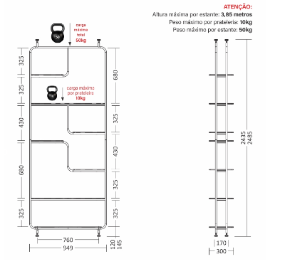 Estante Linha Pix - Larg. 0,95m × Prof. 0,30m × Alt. 2,48m