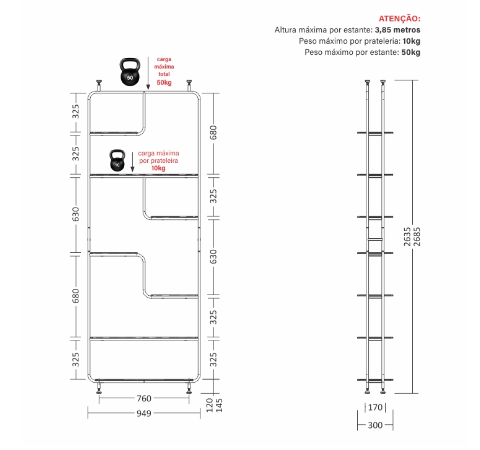 Estante Linha Pix - Larg. 0,95m × Prof. 0,30m × Alt. 2,74m