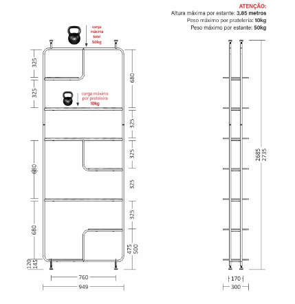 Estante Linha Pix - Larg. 0,95m × Prof. 0,30m × Alt. 2,74m