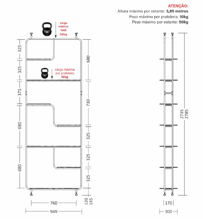 Estante Linha Pix - Larg. 0,95m × Prof. 0,30m × Alt. 2,79m