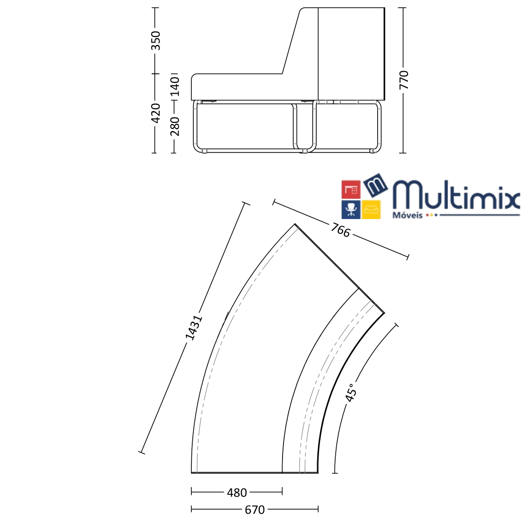 Sofá para recepção - Pix I Curvo Convexo 45º *Com encosto