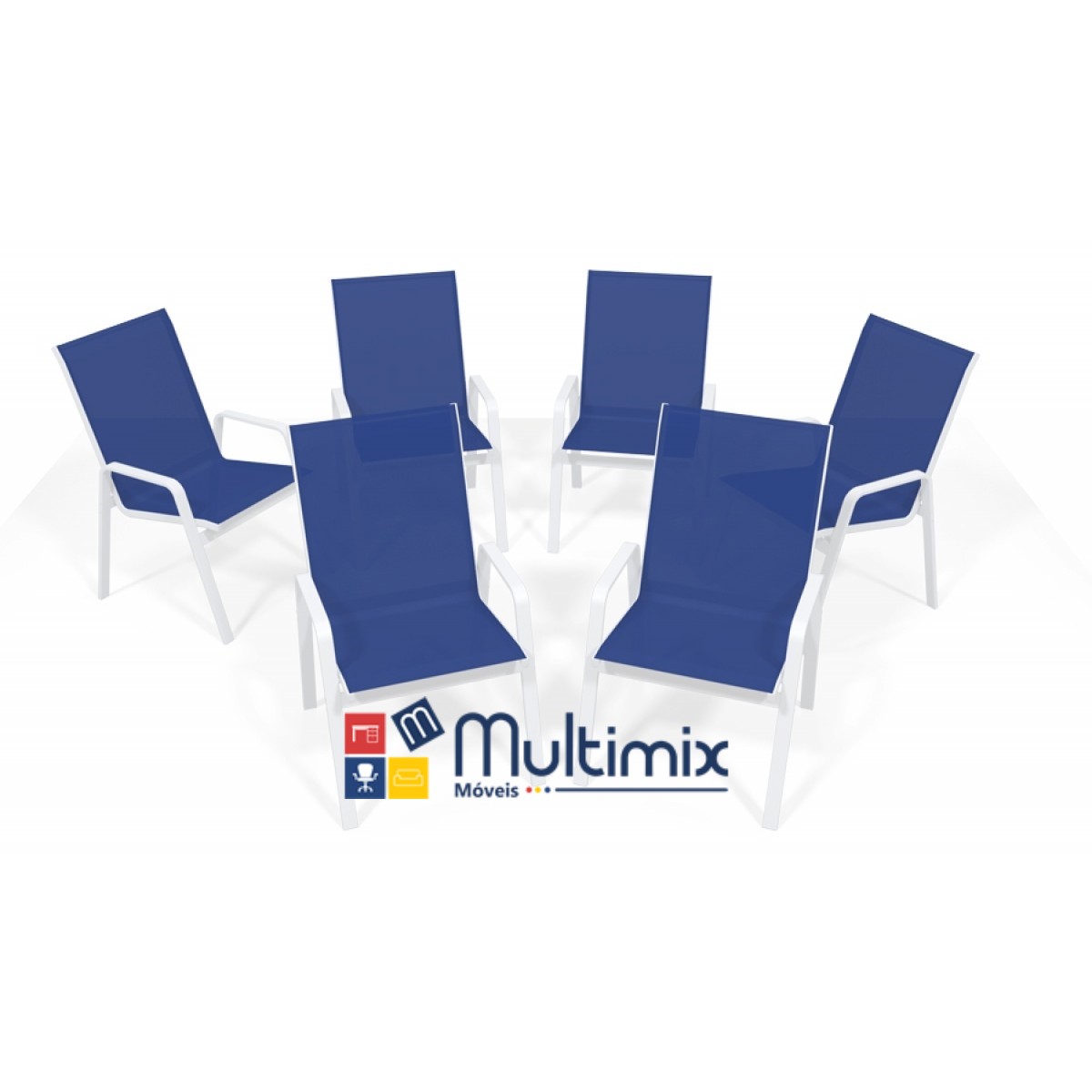 Kit com 6 Cadeiras para Piscina Summer - Alumínio Branco, Tela Sling Azul Escuro | Empilhável